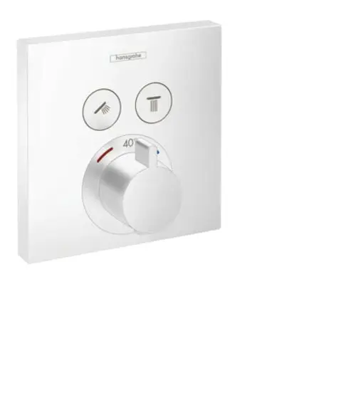 Weißer Wandregler zur Steuerung von Brausearmaturen mit Temperaturanzeige und Symbolen für Wasserstrahl und Auslauf.